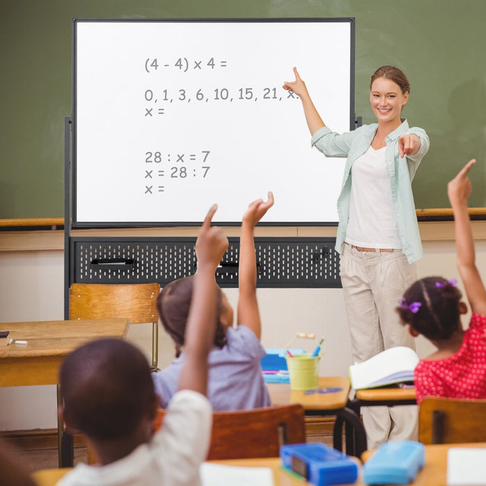 Lavagna mobile da 120x90cm con supporto pannello e accessori, Lavagna a 2 lati da pavimento per casa ufficio aula Nero-Lavagne