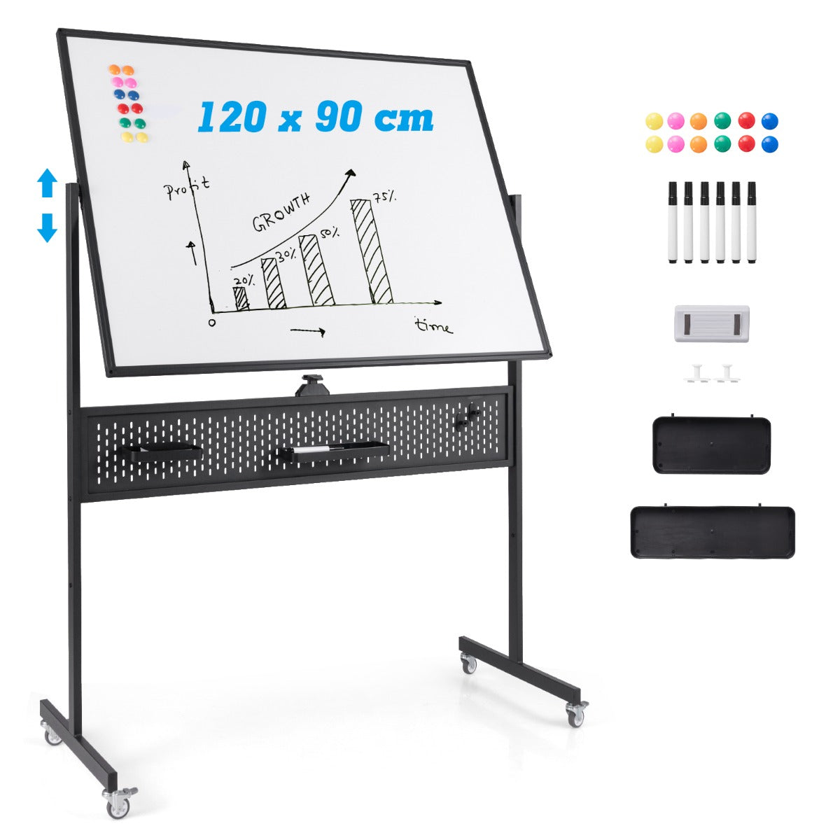 Lavagna mobile da 120x90cm con supporto pannello e accessori, Lavagna a 2 lati da pavimento per casa ufficio aula Nero-Lavagne