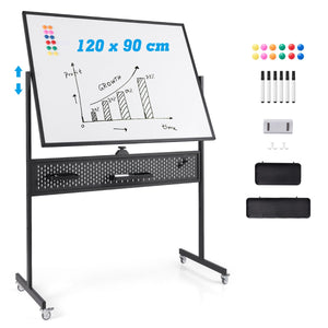Lavagna mobile da 120x90cm con supporto pannello e accessori, Lavagna a 2 lati da pavimento per casa ufficio aula Nero-Lavagne