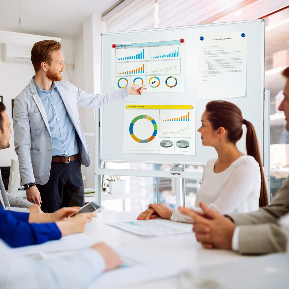 Lavagna regolabile in altezza con ruote e bordo magnetico, Lavagna a doppio lato cancellabile a secco con griglia Bianco-Lavagne