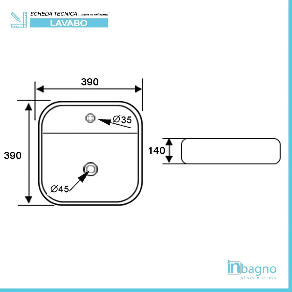 Lavandino da appoggio 39x39 cm in ceramica lucida con angoli tondi
