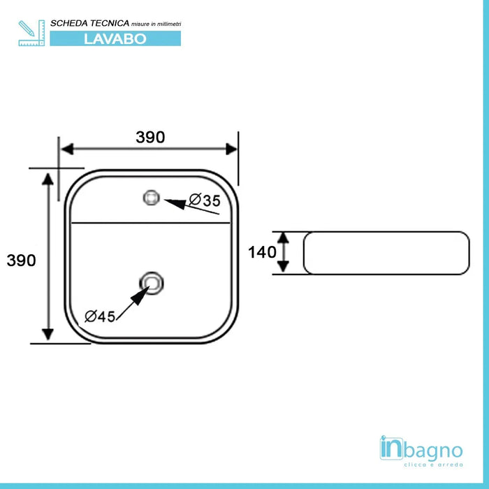 Lavandino da appoggio 39x39 cm in ceramica lucida con angoli tondi