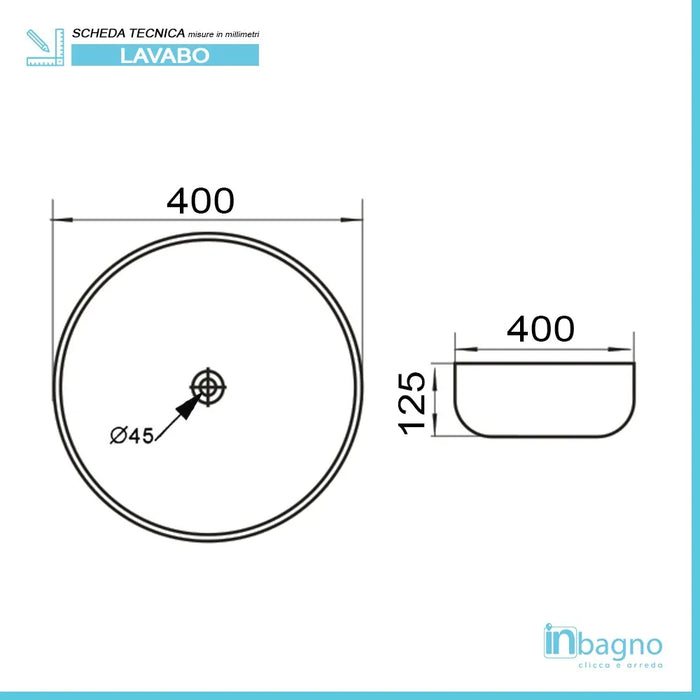 Lavandino da appoggio 40 cm design tondo in ceramica bianco lucido