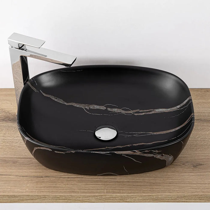 Lavandino da appoggio ovale 50x38 cm effetto marmo nero Tokyo
