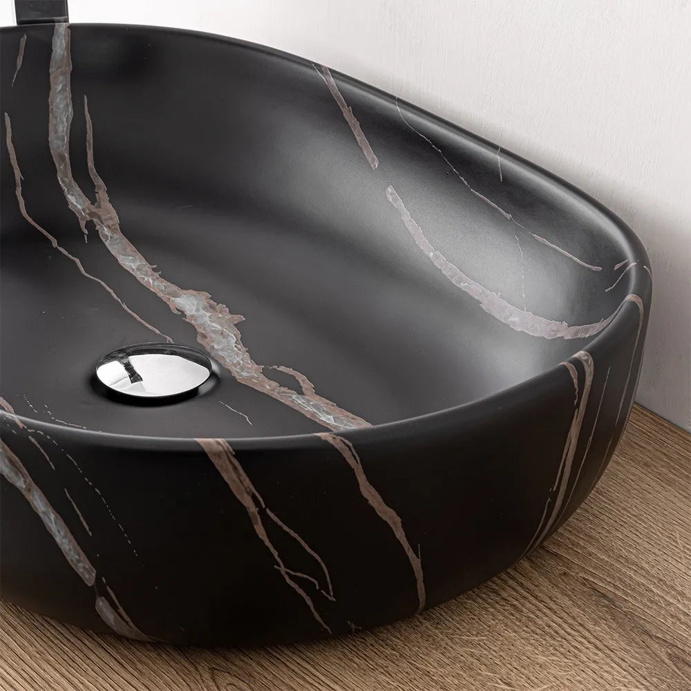 Lavandino da appoggio ovale 60x41 cm effetto marmo nero Tokyo