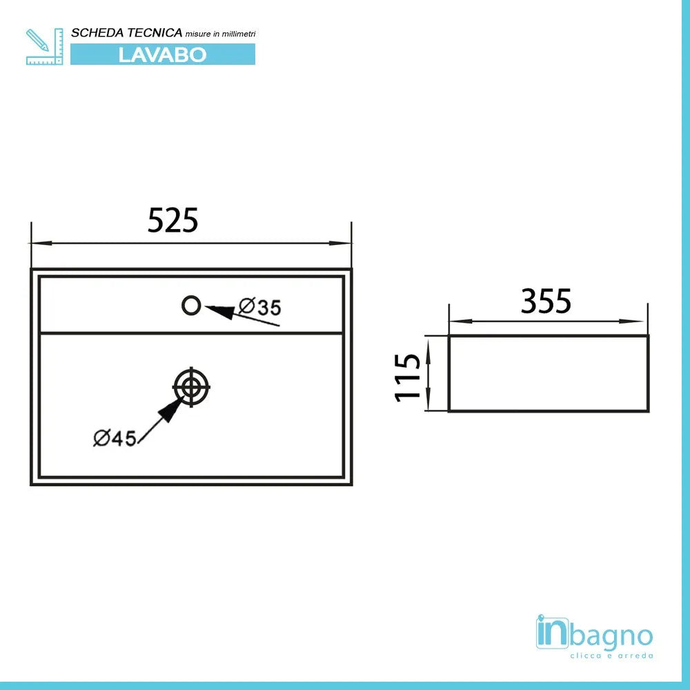 Lavandino da appoggio rettangolare 52x35 cm in ceramica lucida