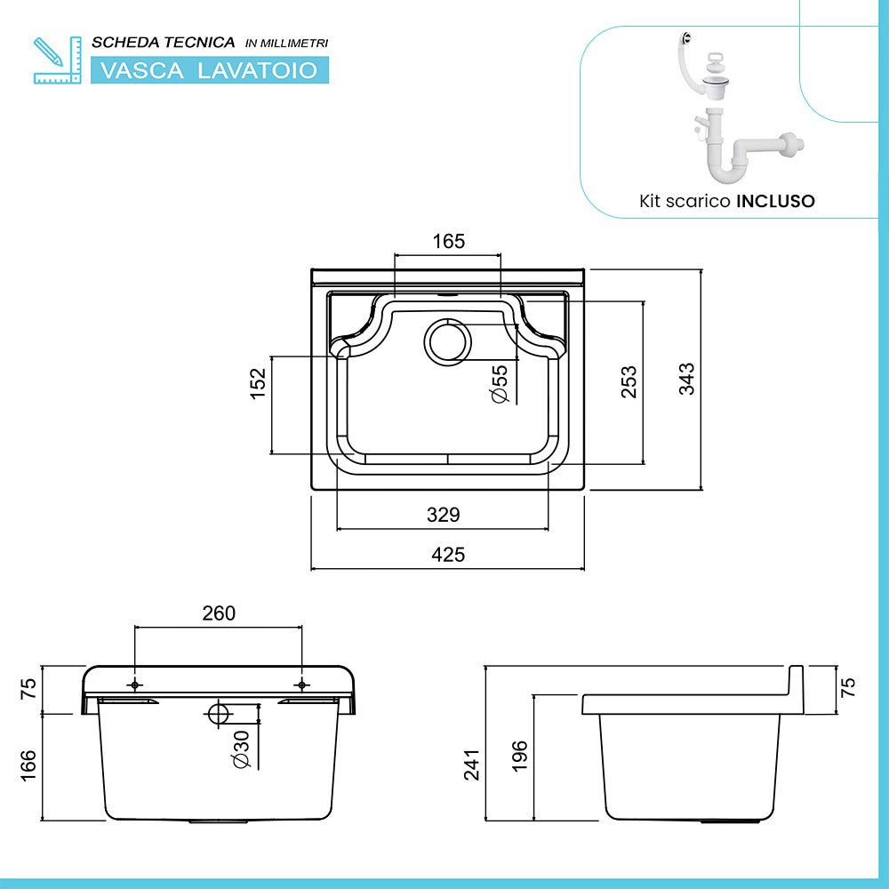 Lavatoio a muro 42x34 cm in resina bianca completo di kit di scarico
