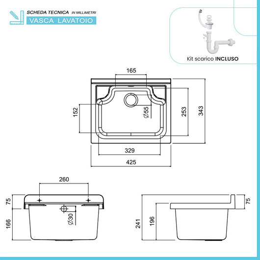 Lavatoio a muro 42x34 cm in resina bianca completo di kit di scarico