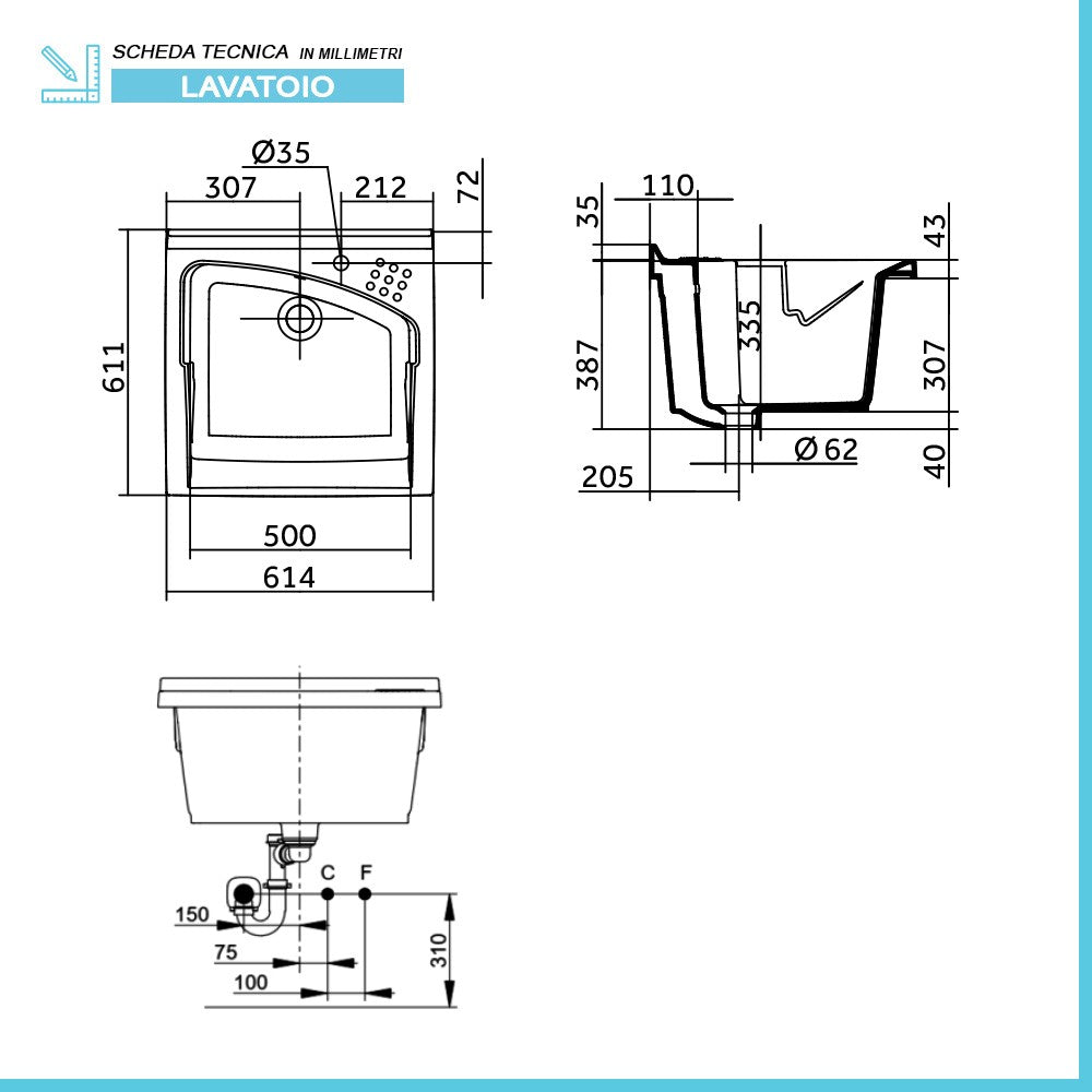 Lavatoio in ceramica 61x61 cm ad incasso per mobile modello Revine