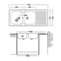 Lavello 116x50 SA138 2 vasche e gocciolatoio destro