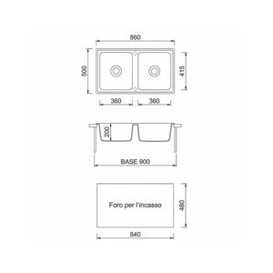Lavello 2 vasche Granitovero862vbip nero 86x50 Samet