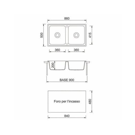 Lavello 2 vasche Granitovero862vbip nero 86x50 Samet