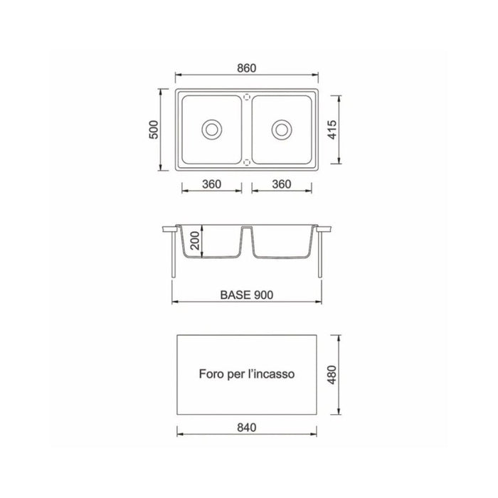 Lavello 2 vasche Granitovero862vbip nero 86x50 Samet