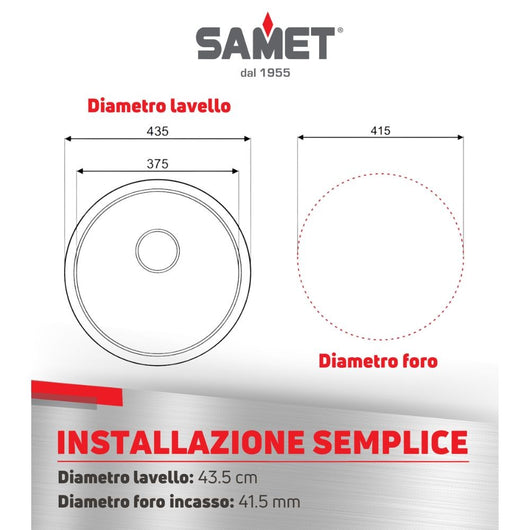 Samet, Lavello Cucina 1 Vasca 43,5x17 cm a Incasso, Modello Rondò EC192 a Pozzetto in Acciaio Inox Satinato