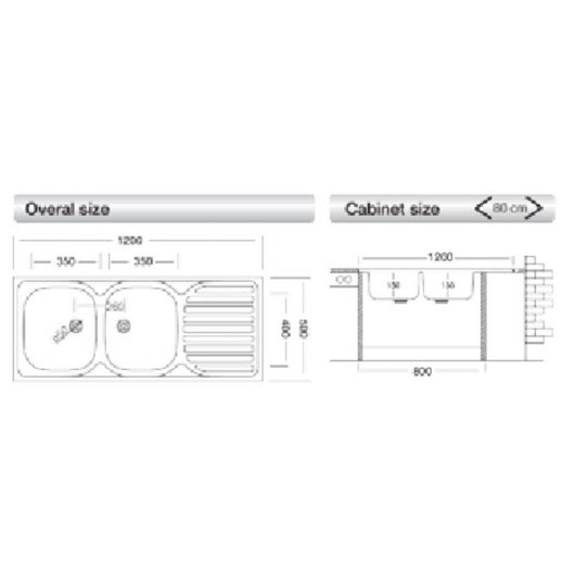 Lavello appoggio 50 series 120x50 cm 2 vasche SA127 destro