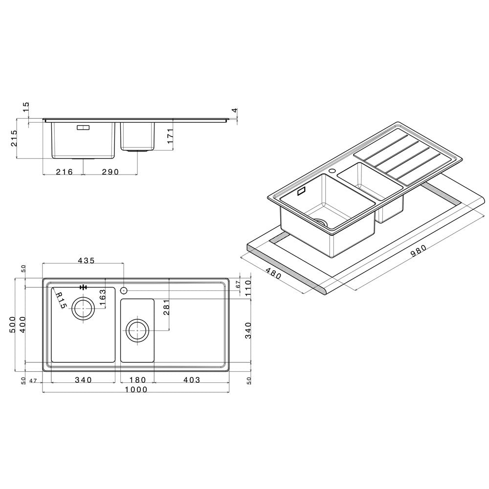 Samet Lavello cucina SAXT332 2 vasche e gocciolatoio destro 100x50 cm