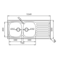 Lavello da incasso Adriatico116 monostampo 2 vasche e gocciolatoio destro inox