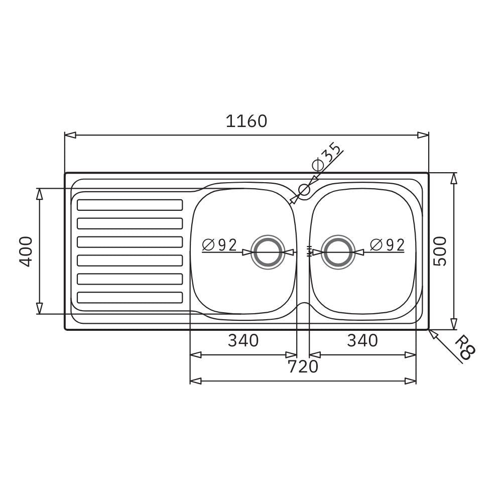 Lavello da incasso Adriatico116 monostampo 2 vasche e gocciolatoio sinistro inox