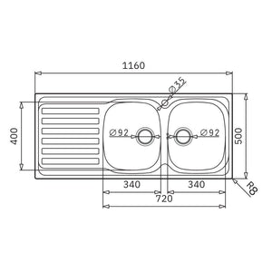 Lavello da incasso Adriatico116 monostampo 2 vasche e gocciolatoio sinistro inox