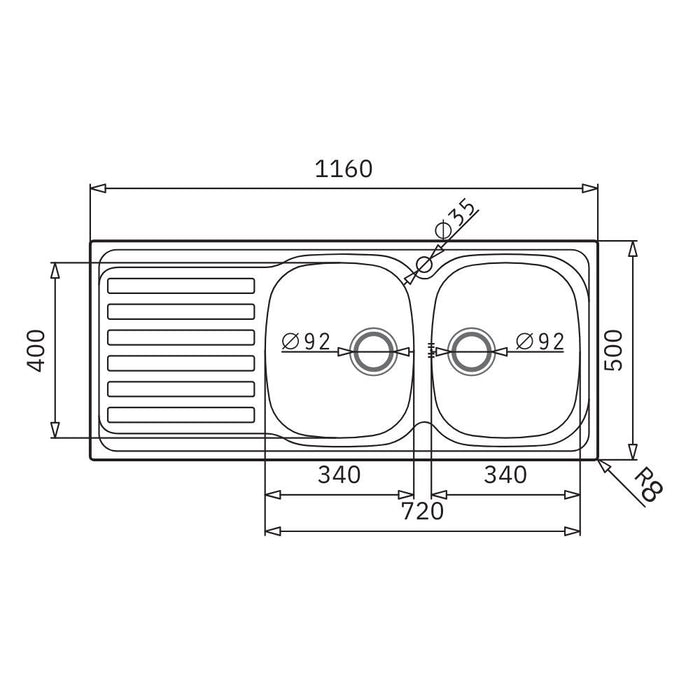 Lavello da incasso Adriatico116 monostampo 2 vasche e gocciolatoio sinistro inox