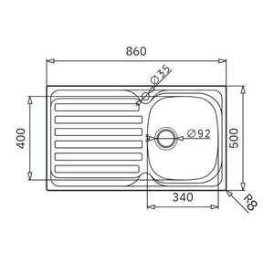 Lavello da incasso Adriatico861 monostampo 1 vasca e gocciolatoio sinistro inox