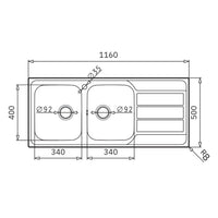 Lavello da incasso Tirreno116 in acciaio inox 2 vasche e gocciolatoio destro 116x50