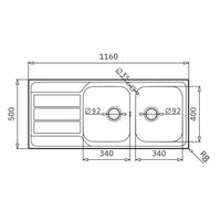 Lavello da incasso Tirreno116 in acciaio inox 2 vasche e gocciolatoio sinistro 116x50