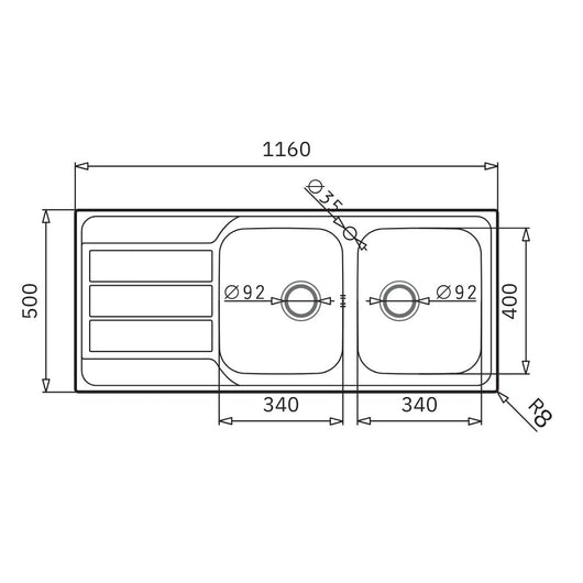 Lavello da incasso Tirreno116 in acciaio inox 2 vasche e gocciolatoio sinistro 116x50