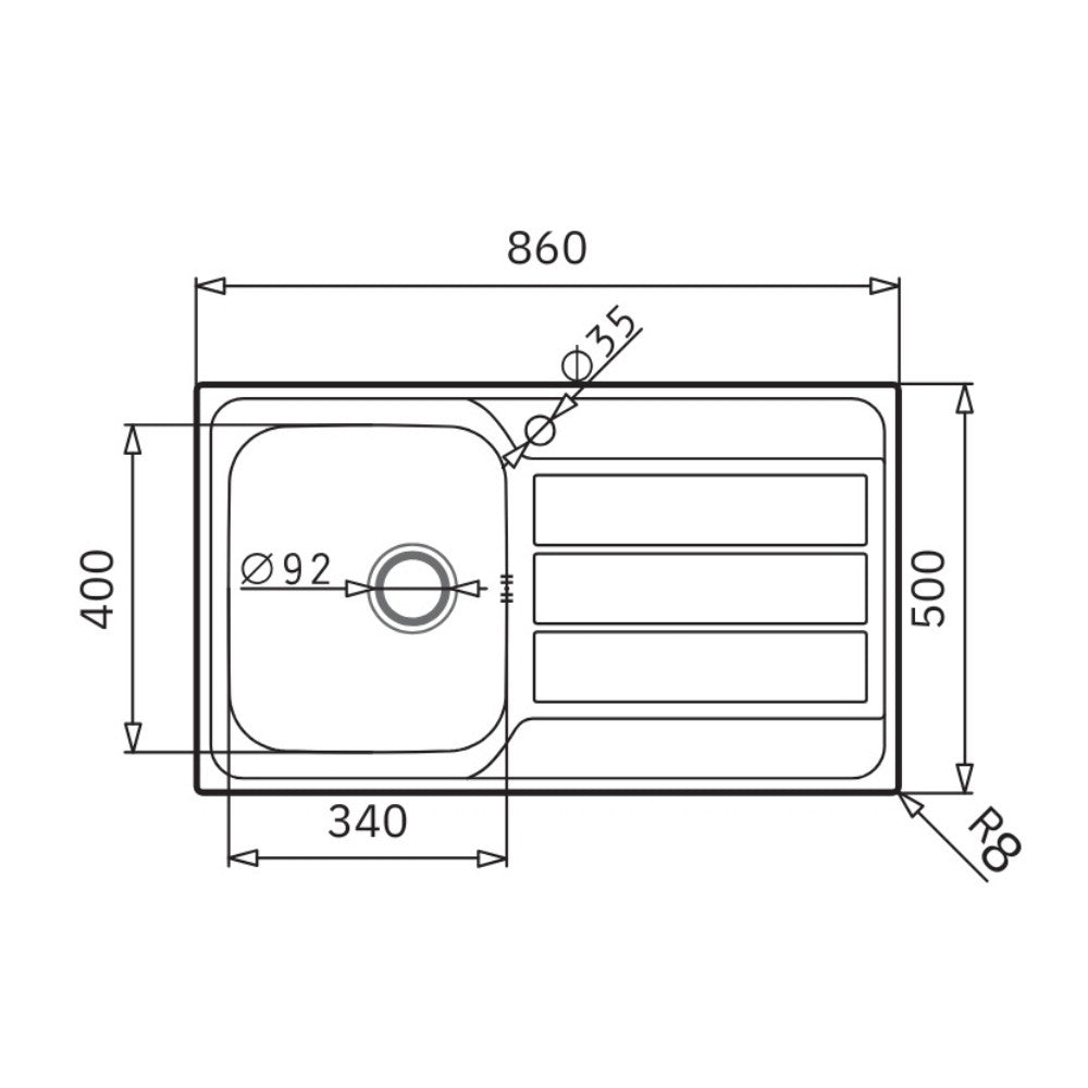 Lavello da incasso Tirreno861 in acciaio inox con vasca e gocciolatoio destro 86x50