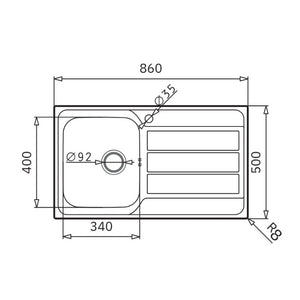 Lavello da incasso Tirreno861 in acciaio inox con vasca e gocciolatoio destro 86x50