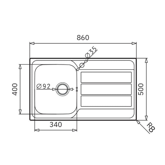 Lavello da incasso Tirreno861 in acciaio inox con vasca e gocciolatoio destro 86x50