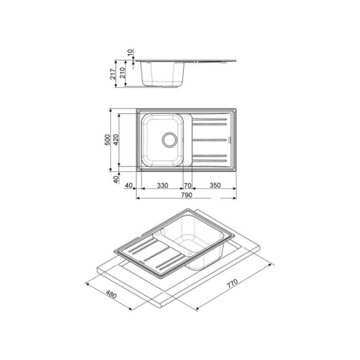 Lavello incasso 1 vasca e gocciolatoio reversibile 79x50 Smeg LZ791AL colore alluminio