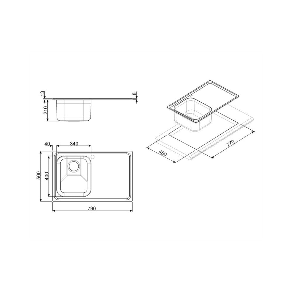 Lavello incasso 1 vasca e gocciolatoio sinistro 79x50 Smeg SP791SOT ottone