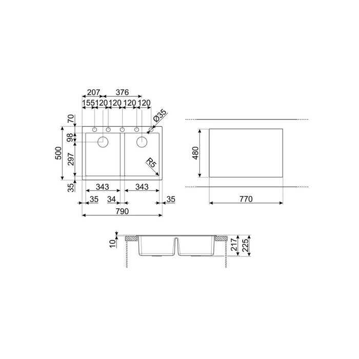 Lavello incasso 2 vasche 79x50 Smeg VZ3434B bianco