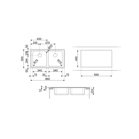Lavello incasso 2 vasche 86x50 Smeg LP8622 inox spazzolato