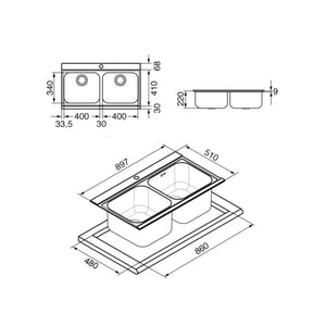 Lavello incasso 2 vasche 90x50 con taglieri in vetro bianco Smeg LI92B inox spazzolato