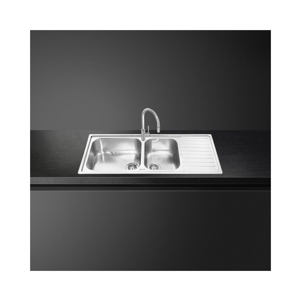 Lavello incasso 2 vasche e gocciolatoio destro 116x50 Smeg LG116D2 inox spazzolato