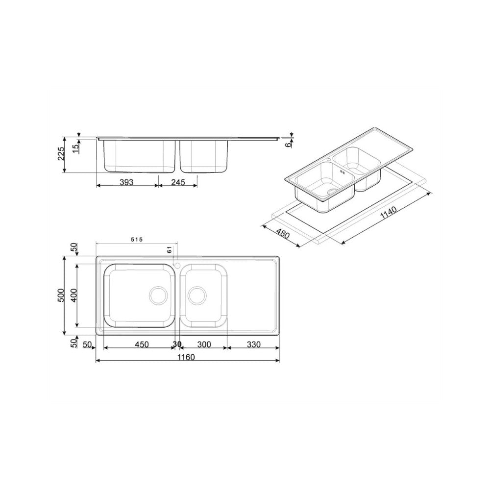 Lavello incasso 2 vasche e gocciolatoio destro 116x50 Smeg LG116D2 inox spazzolato