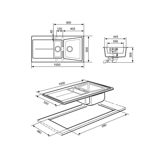 Lavello incasso 2 vasche e gocciolatoio reversibile 100x50 Smeg LC102P colore panna