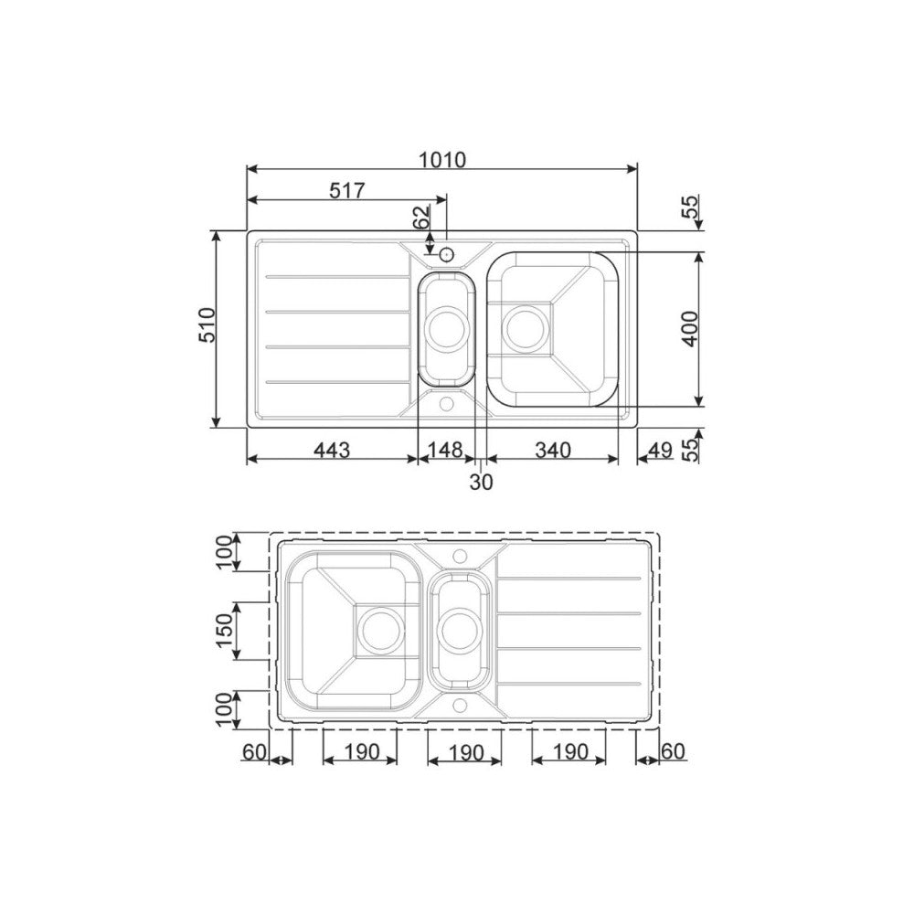 Lavello incasso 2 vasche e gocciolatoio reversibile 100x50 Smeg LFB112 inox spazzolato