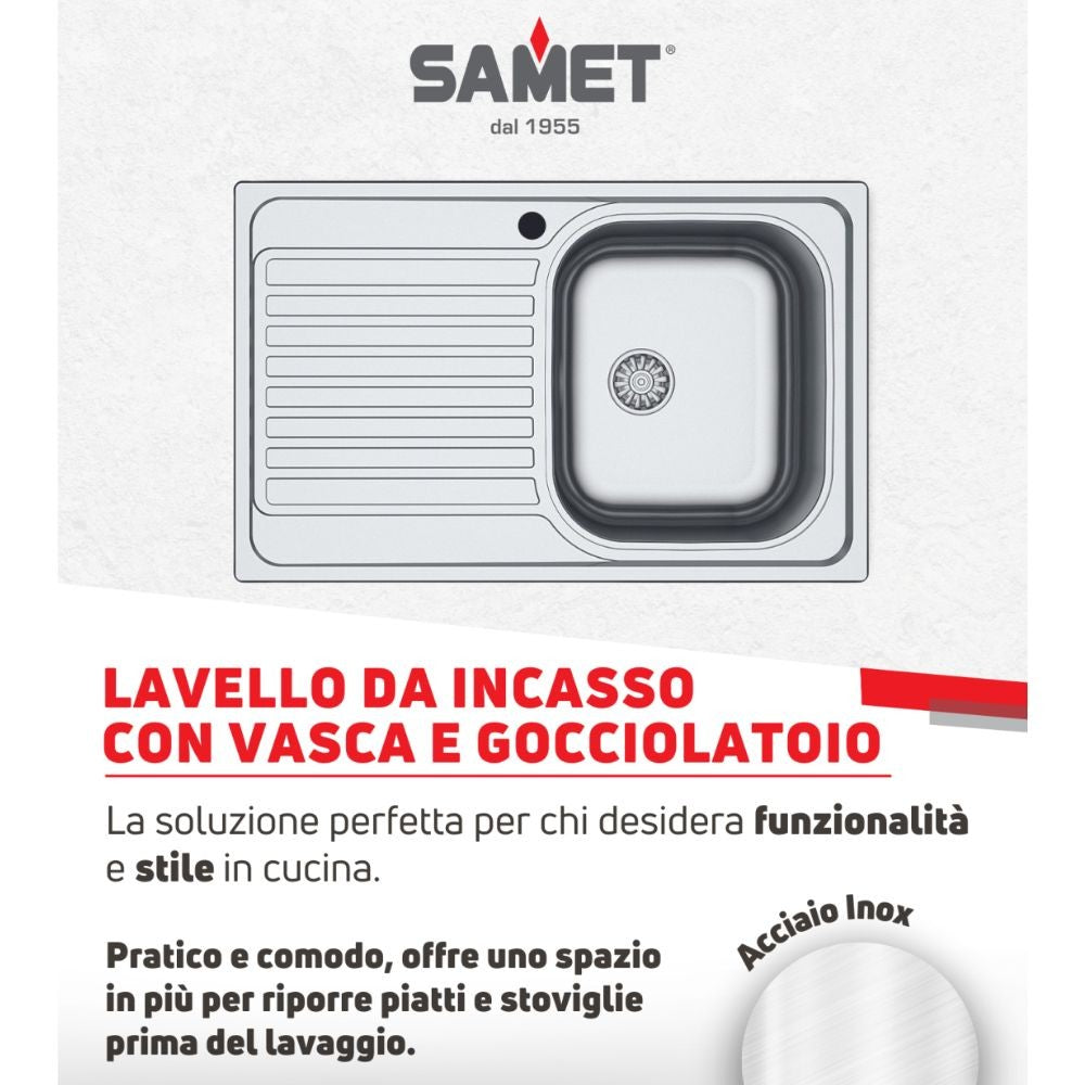 Lavello incasso cucina acciaio 79x50 cm una vasca e gocciolatoio sinistro Classic 273SX