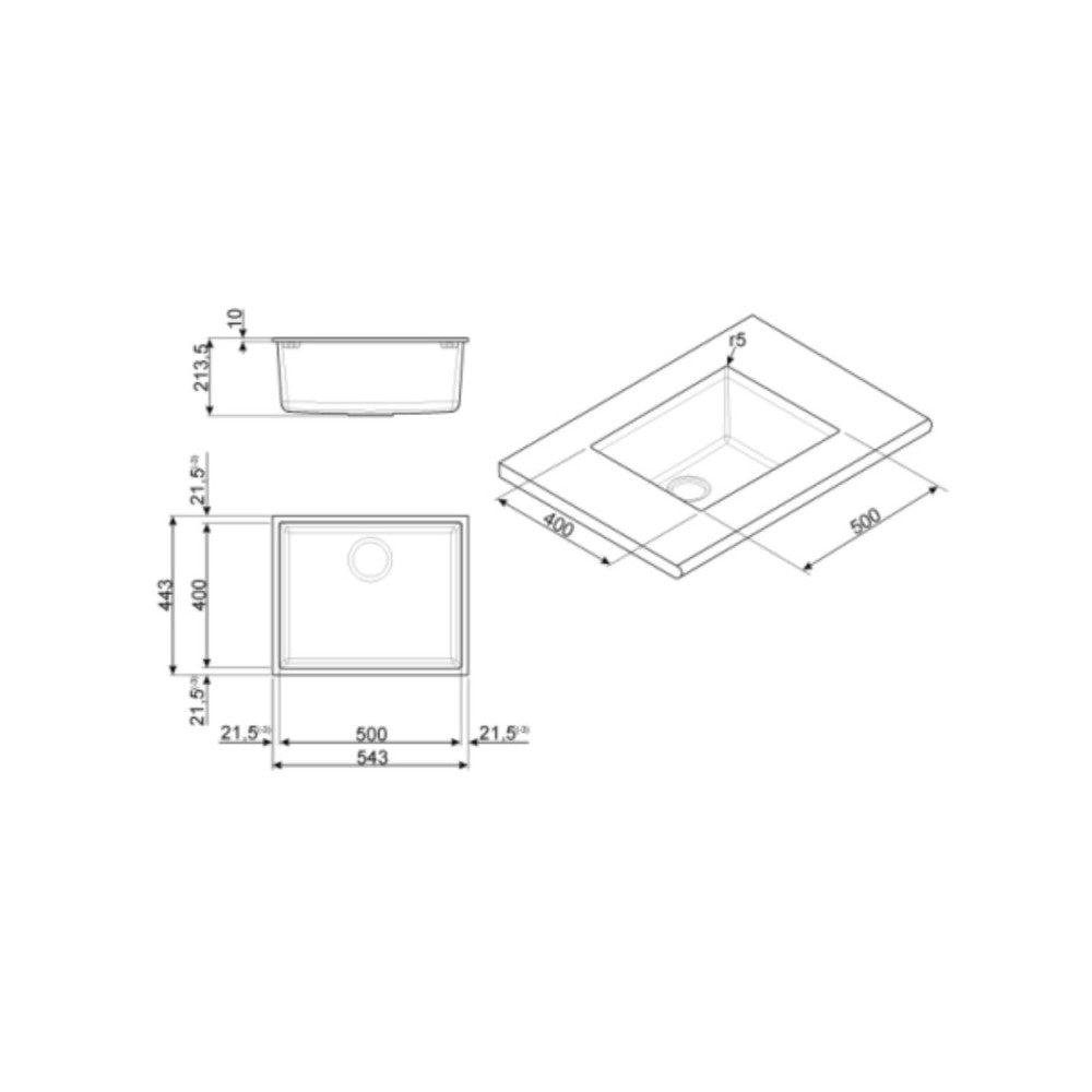 Lavello incasso monovasca sottotop 54x44 Smeg VZUM57TT titanio