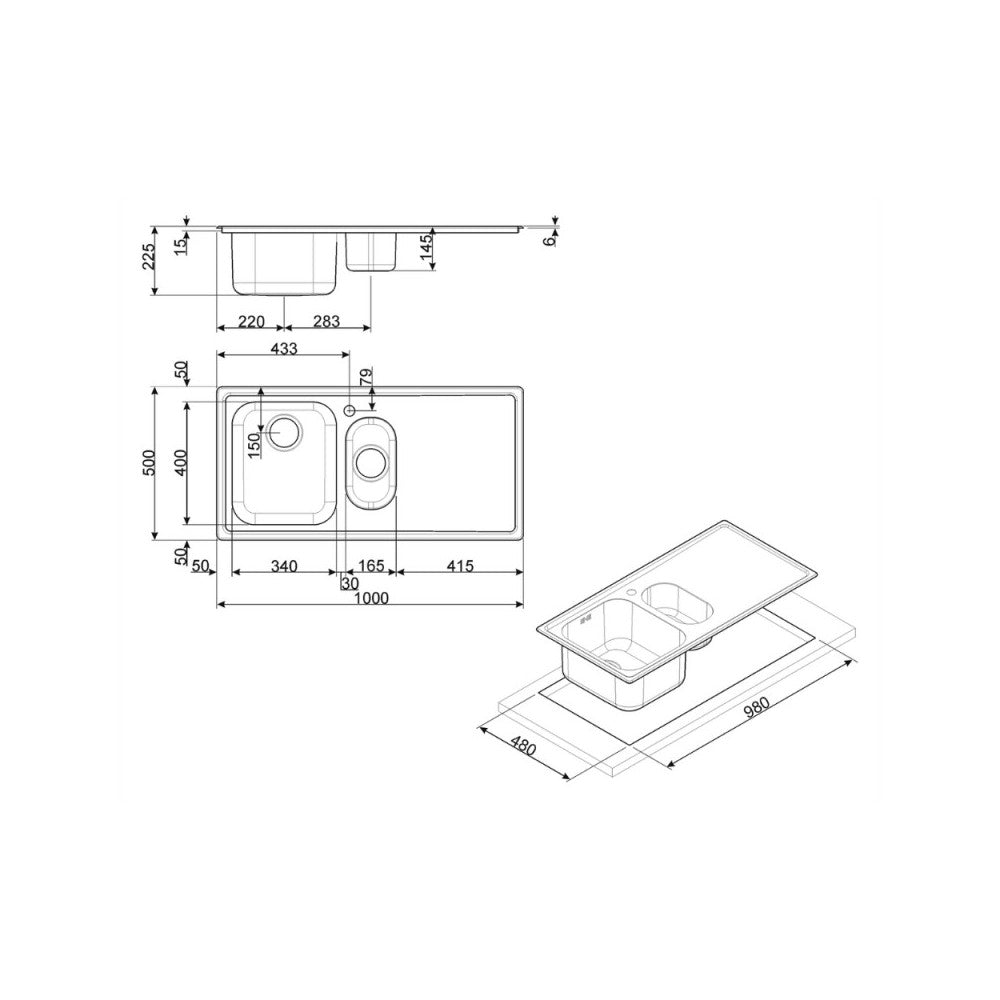 Lavello incasso semifilo 2 vasche e gocciolatoio sinistro 100x50 Smeg LL102S2 inox spazzolato