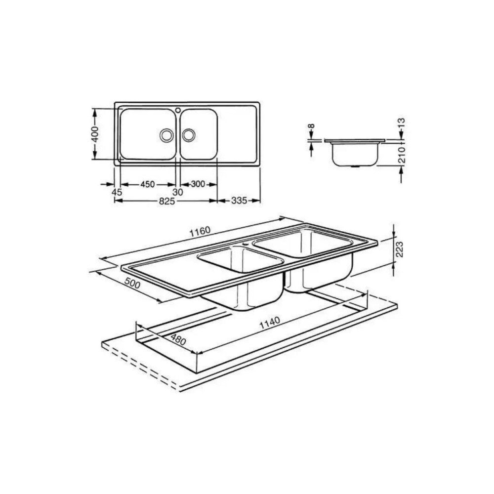 Lavello incasso semifilo 2 vasche e gocciolatoio sinistro 116x50 Smeg LGM116S inox