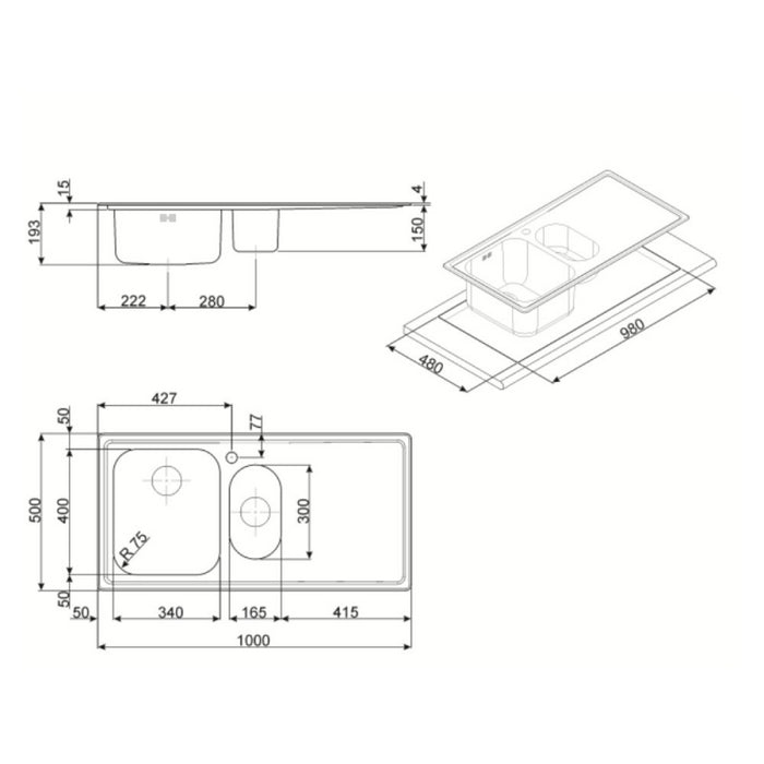 Lavello Smeg LE102S2 inox 1 + 1/2 vasca con gocciolatoio sinistro 100x50 cm.