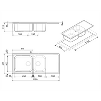 Lavello Smeg LG116D2 inox 2 vasche con gocciolatoio destro 116x50 cm