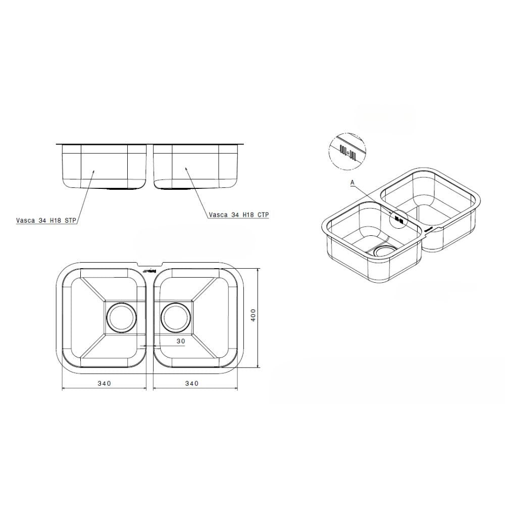 Lavello sottotop 2 vasche 76x45 Smeg UM3434 inox