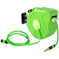 Outsunny Avvolgitubo da Giardino Retrattile con Tubo dell'Acqua 15 m, Rullo Avvolgitubo da Parete Girevole a 180°, Avvolgitubo Automatico Tubo da Giardino per Irrigazione in plastica, Verde
