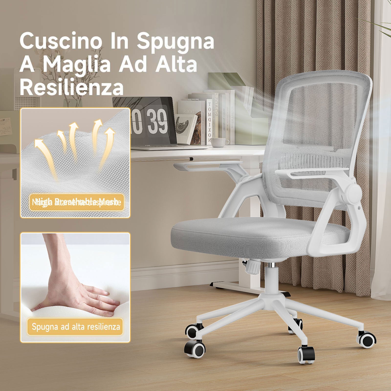 Sedia Ufficio Ergonomica - RATTANTREE - Con Braccioli Pieghevoli, Rete Respirante, Funzione Oscillante 90-105° - Grigio