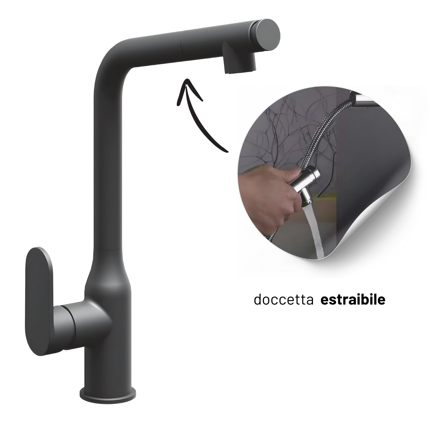 Miscelatore lavello cucina damasco con doccetta estraibile canna orientabile *** finitura- nero opaco, confezione 1